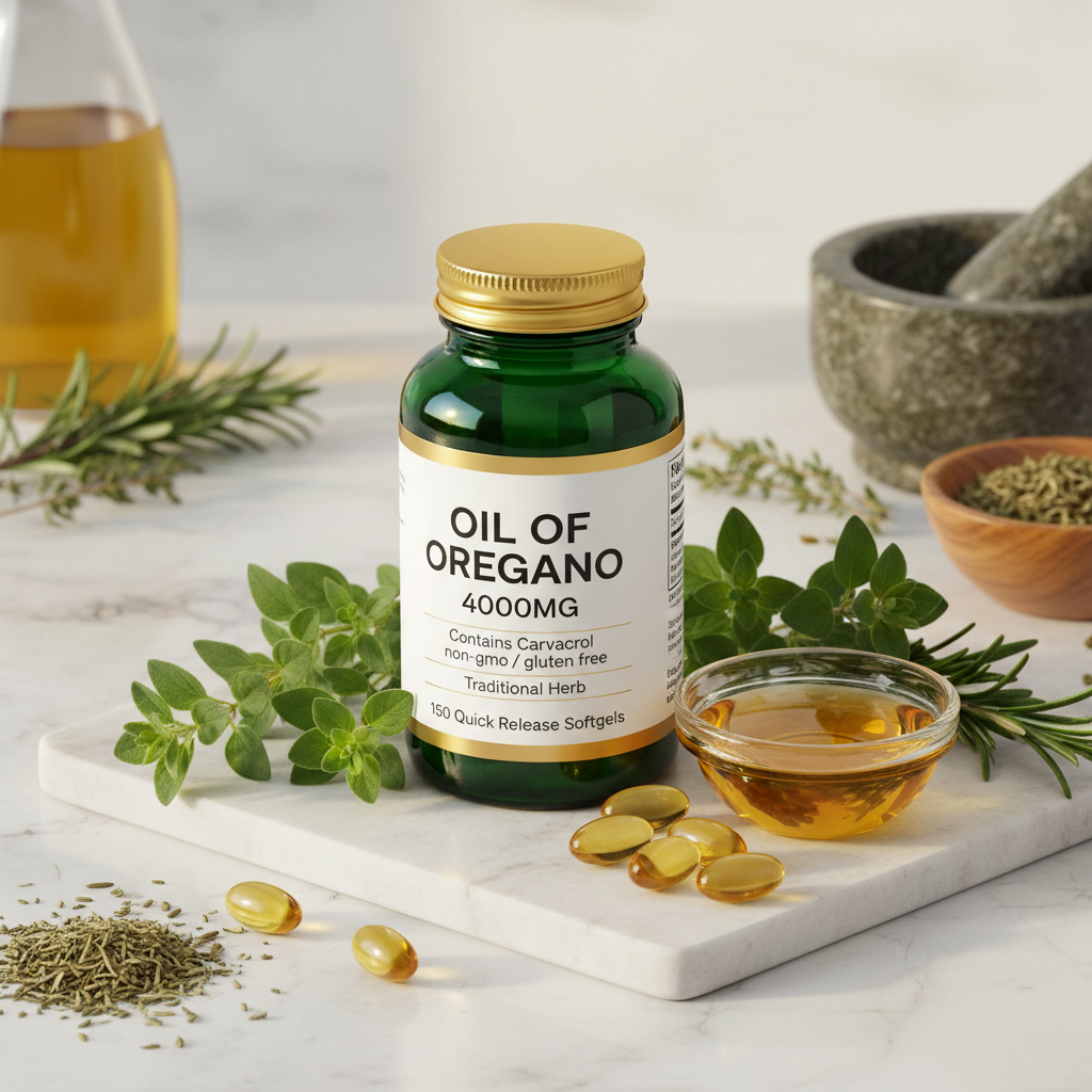 Oil of Oregano with fresh oregano herbs golden oil bowl and softgels