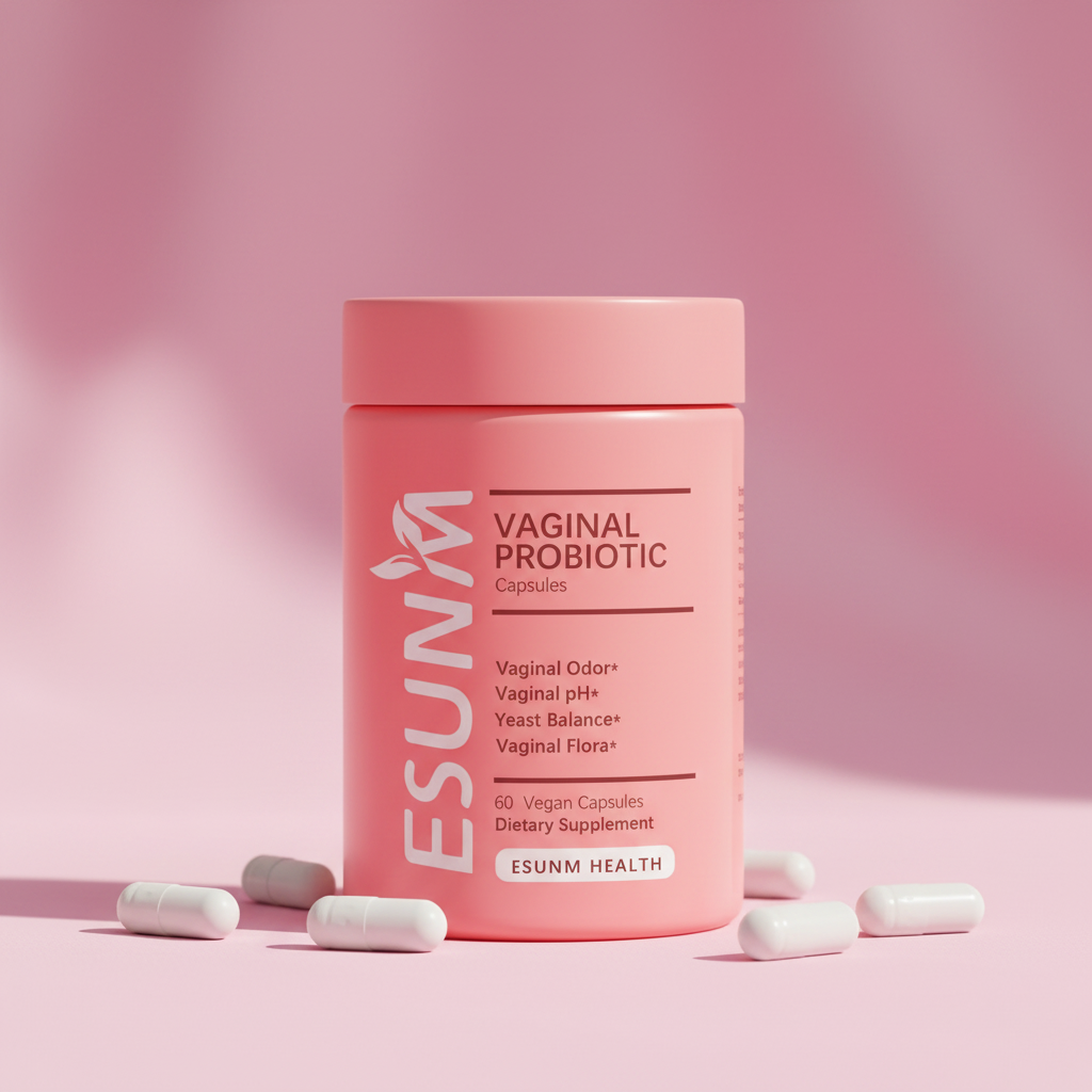 ESUNM Vaginal Probiotic with capsules on pink fabric
