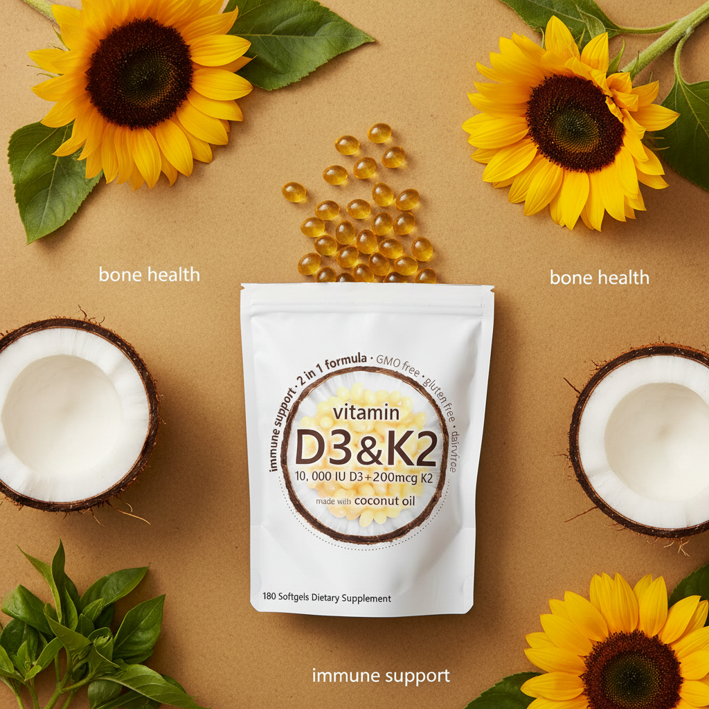 Vitamin D3 K2 Softgels — 10,000 IU D3 + 200mcg K2 with Coconut Oil | 180 Softgels