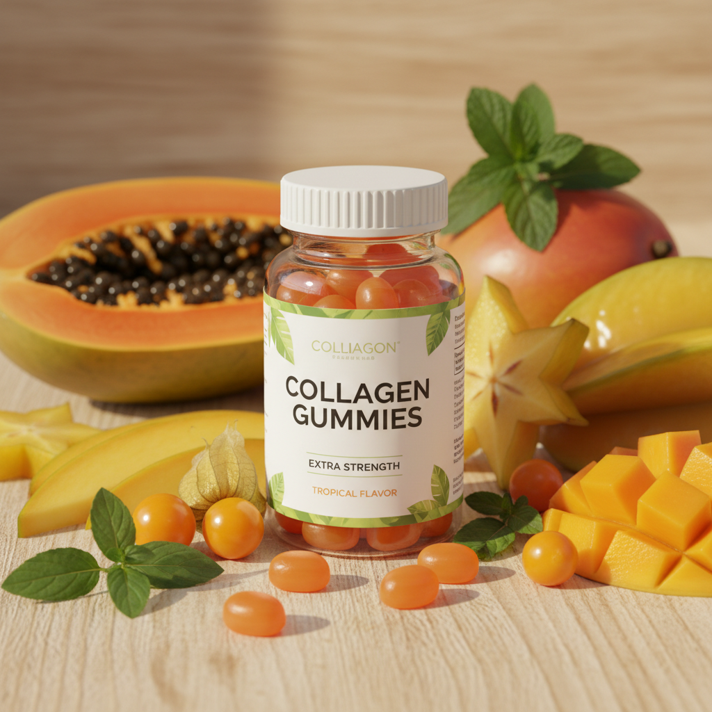 Extra Strength Collagen Gummies with tropical fruits papaya mango