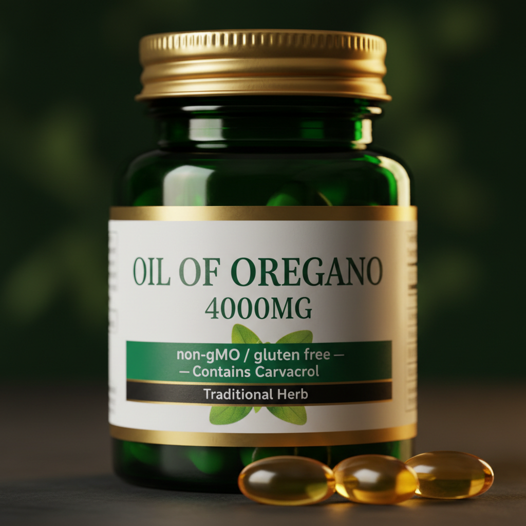 Oil of Oregano close-up gold cap and yellow softgels premium detail