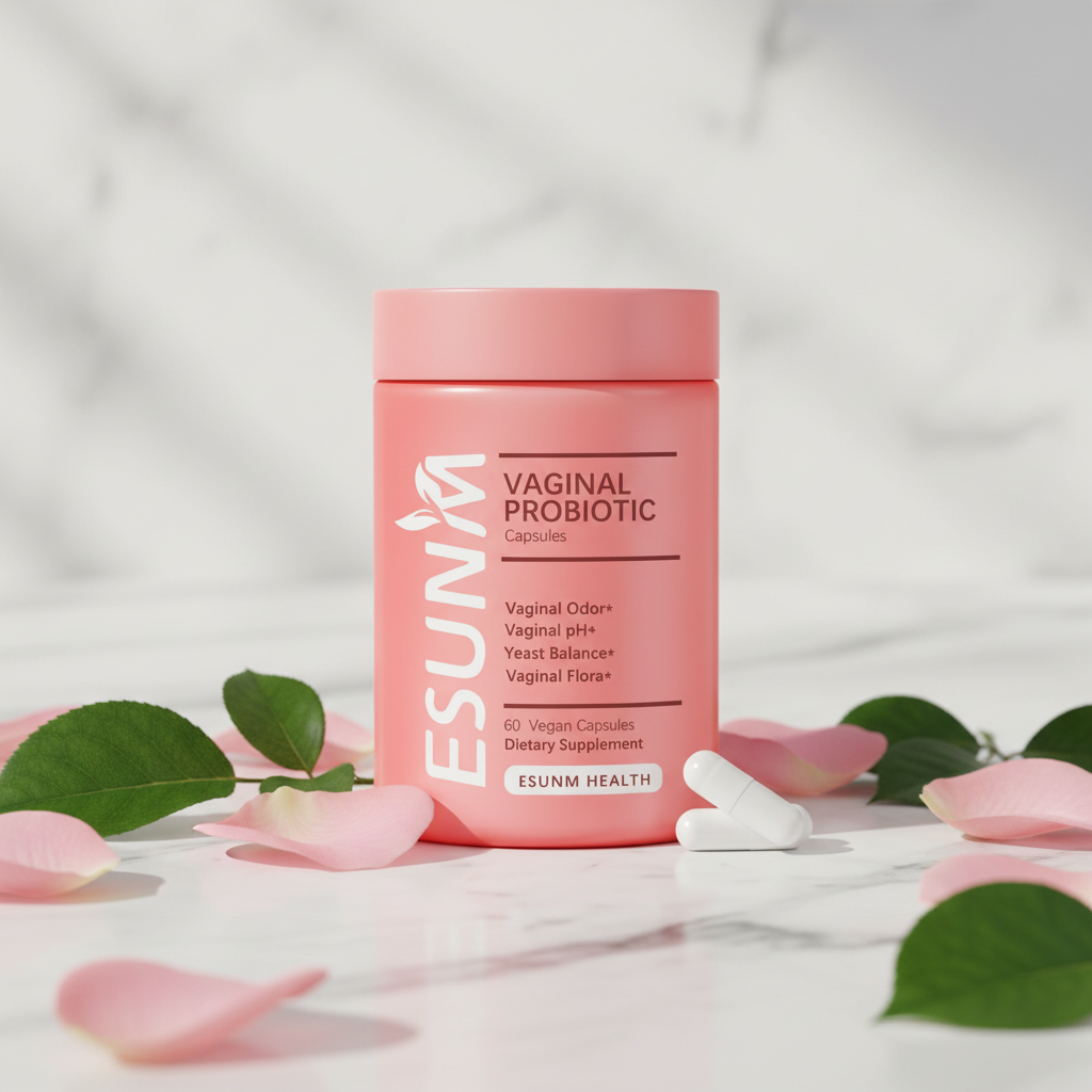 ESUNM Vaginal Probiotic with rose petals on marble