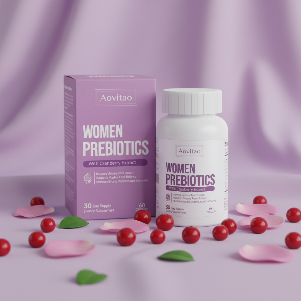 Aovitao Women Prebiotics with cranberries on lavender background