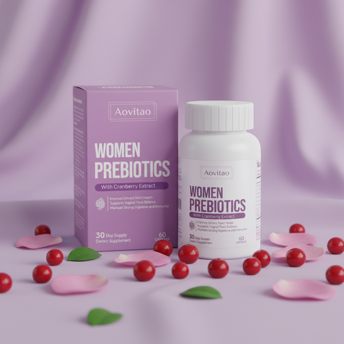 Aovitao Women Prebiotics with cranberries on lavender background