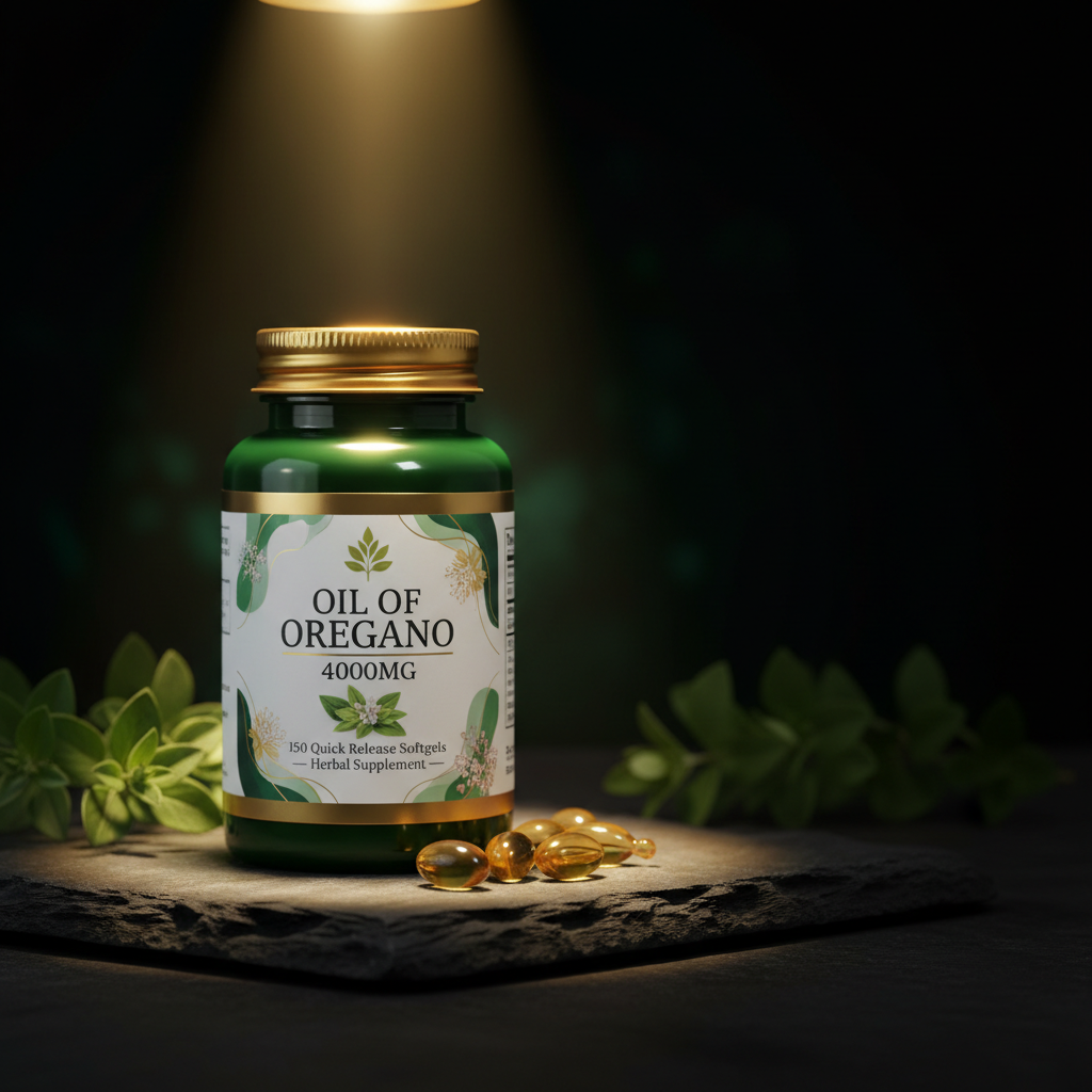 Oil of Oregano 4000MG premium brand editorial gold-green botanical glow