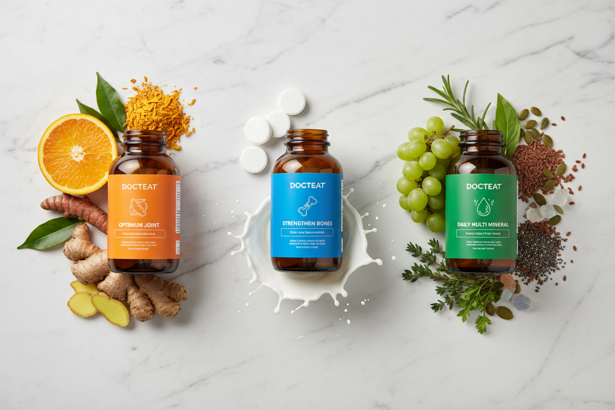 Docteat Bundle flat-lay with turmeric herbs calcium and minerals