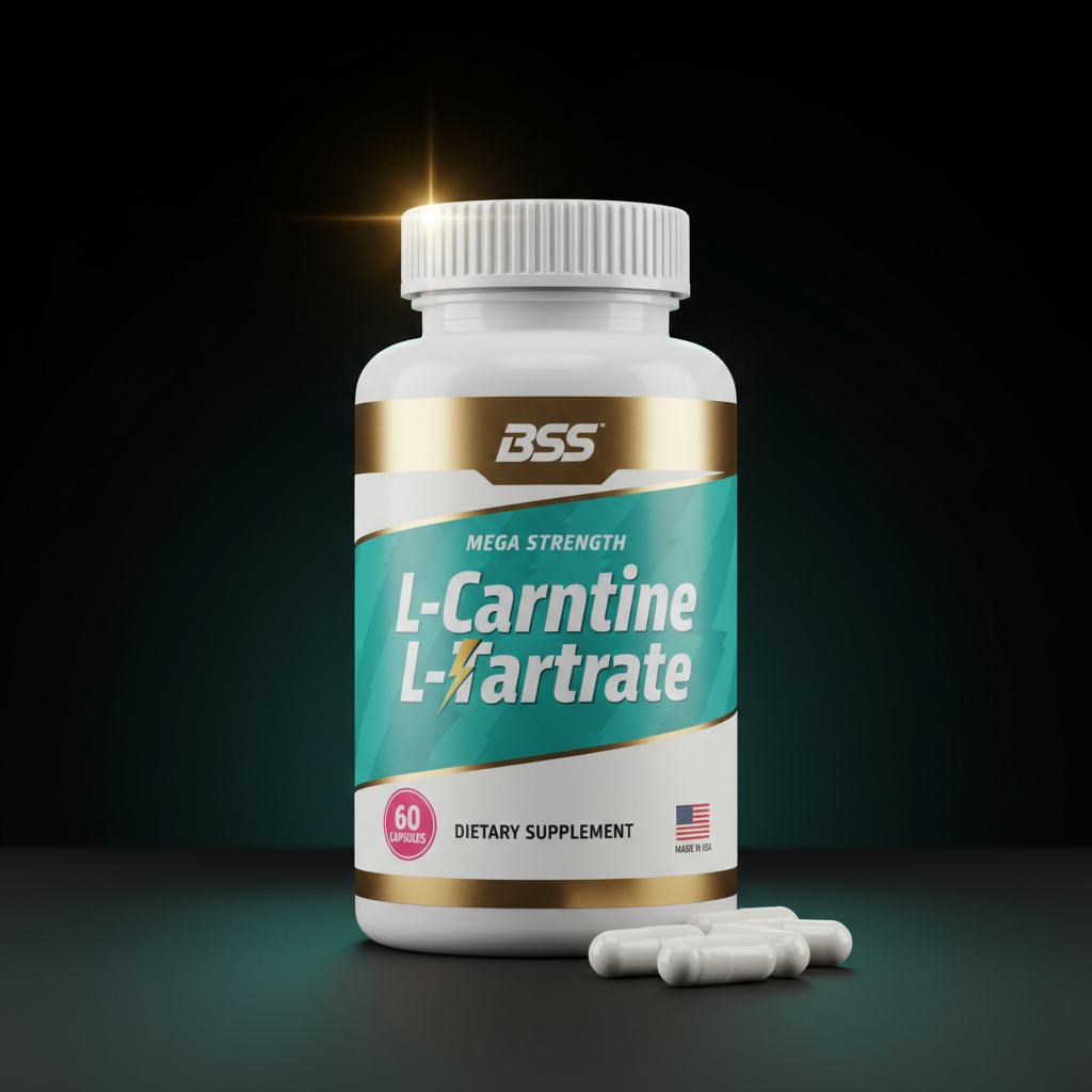 BSS Mega Strength L-Carnitine L-Tartrate white bottle teal gold studio hero