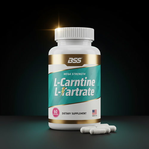 BSS Mega Strength L-Carnitine L-Tartrate white bottle teal gold studio hero