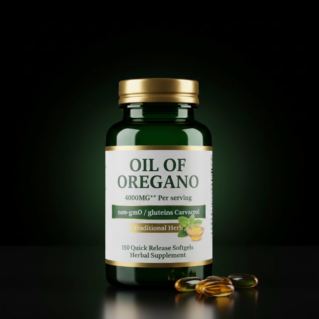 Oil of Oregano 4000MG dark green bottle gold cap premium studio hero