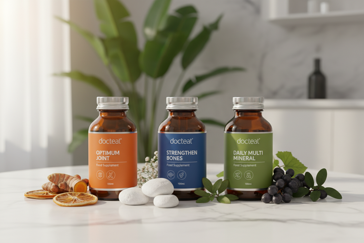 Docteat Bundle lifestyle wellness marble surface with herbs and ingredients