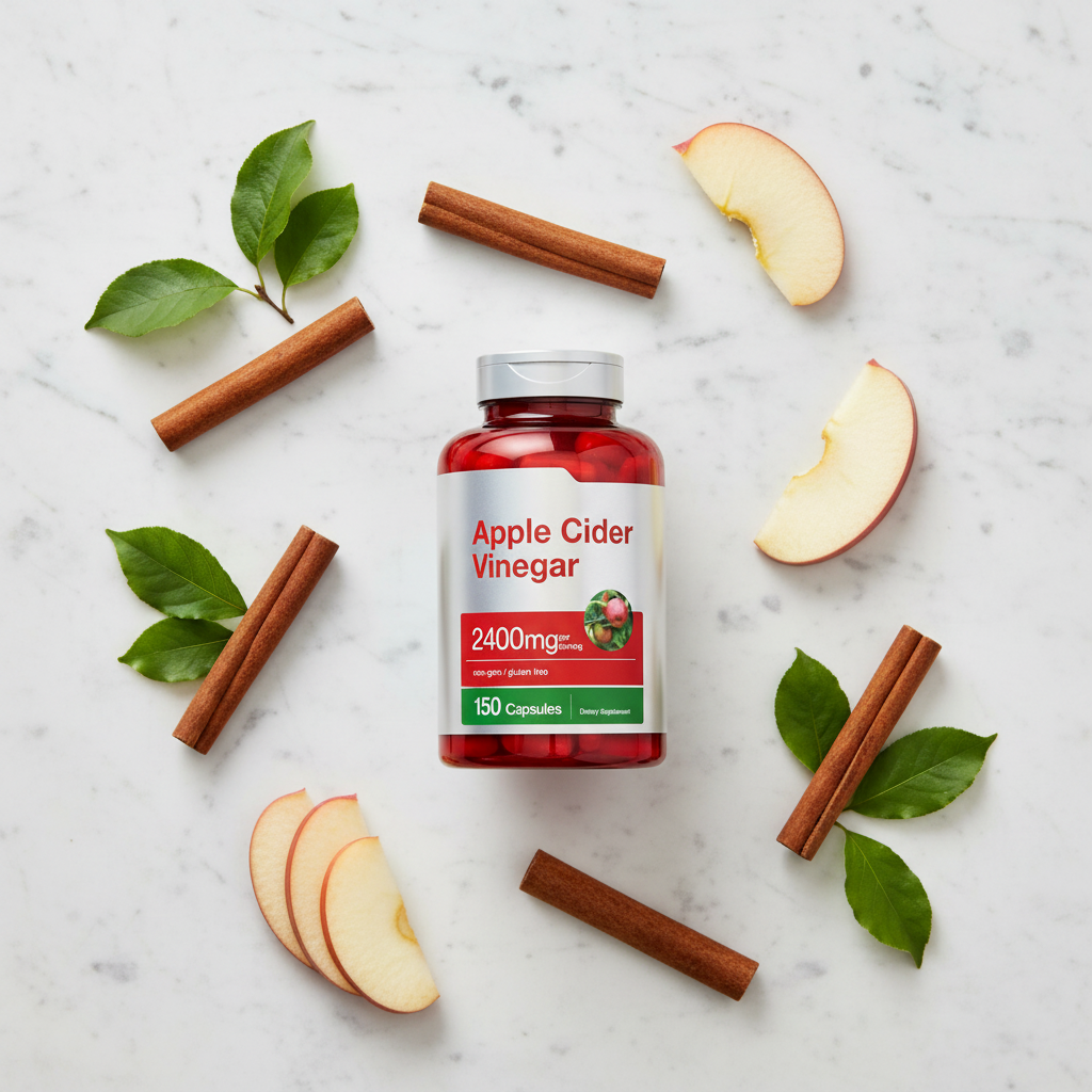 Apple Cider Vinegar flat lay with apples on marble