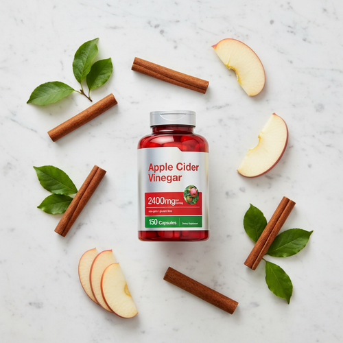 Apple Cider Vinegar flat lay with apples on marble