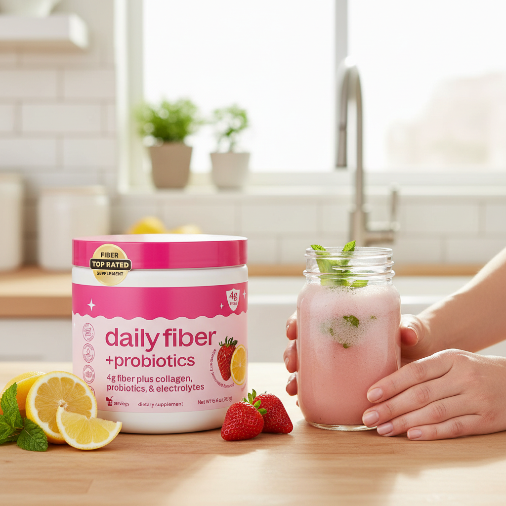 Daily Fiber Probiotics lifestyle morning routine pink drink