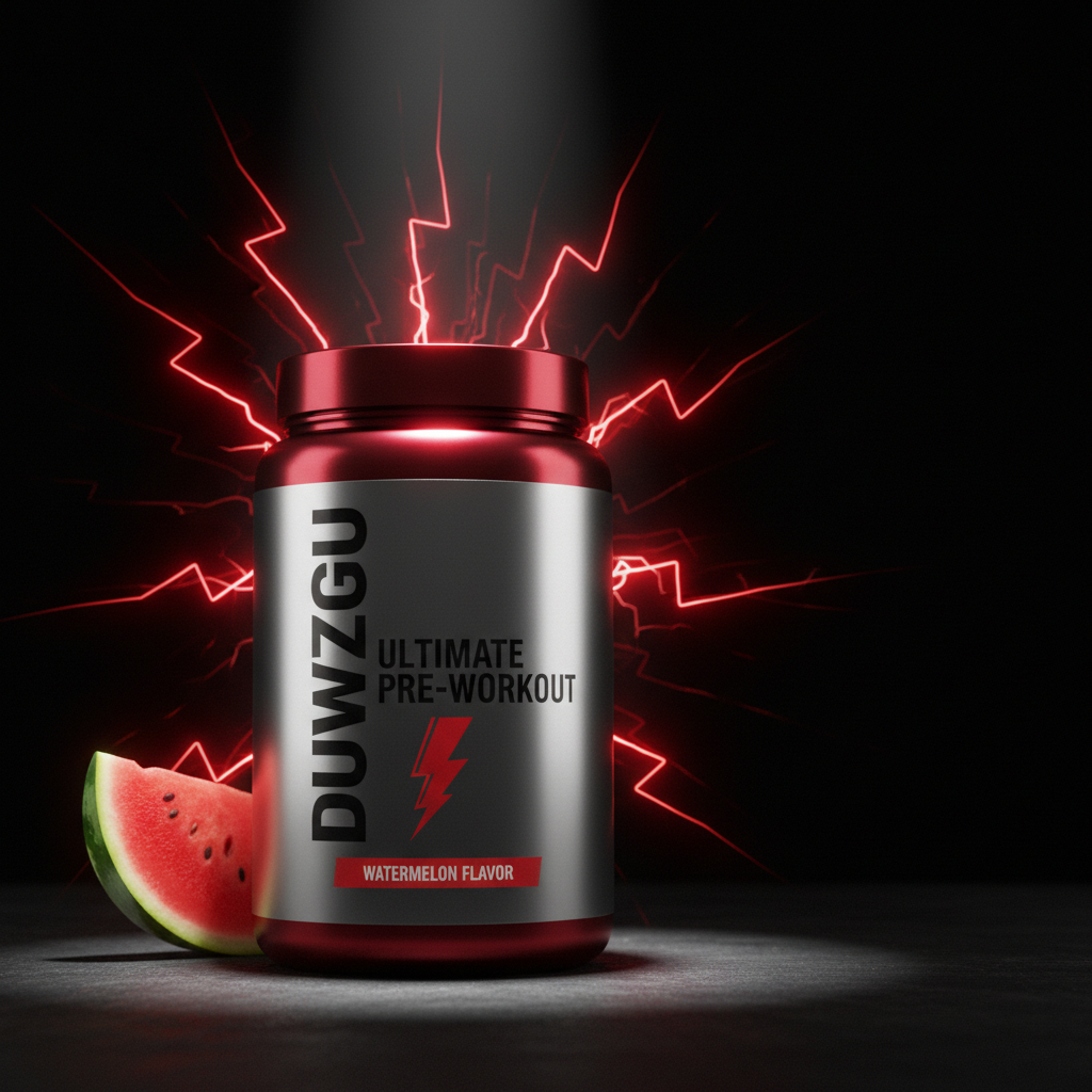 DUWZGU Ultimate Pre-Workout dramatic brand editorial with red lightning