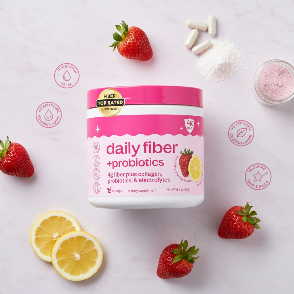 Daily Fiber Probiotics flat lay pink marble with fruits