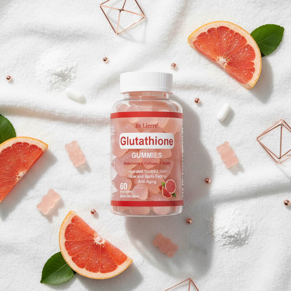 Re Lierre Glutathione Gummies flat lay pink beauty