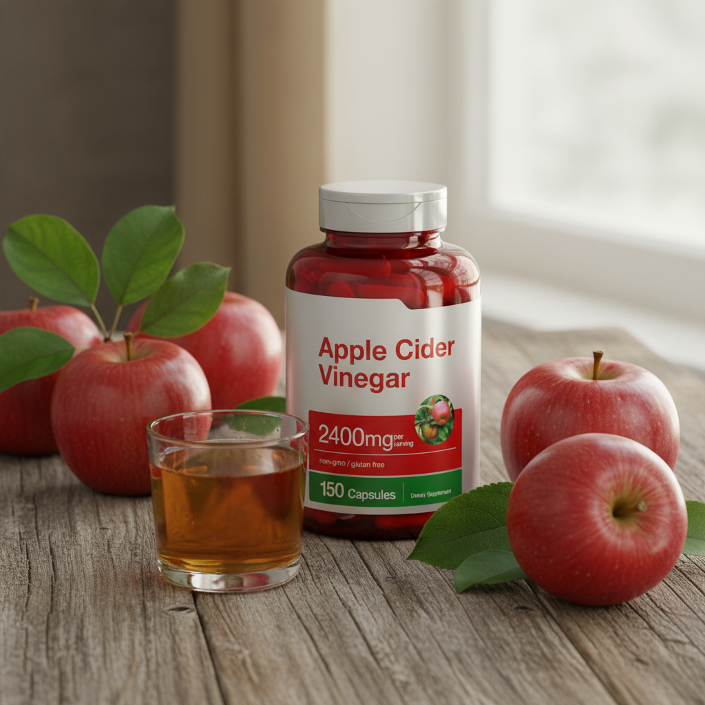 Apple Cider Vinegar bottle with fresh apples on wood