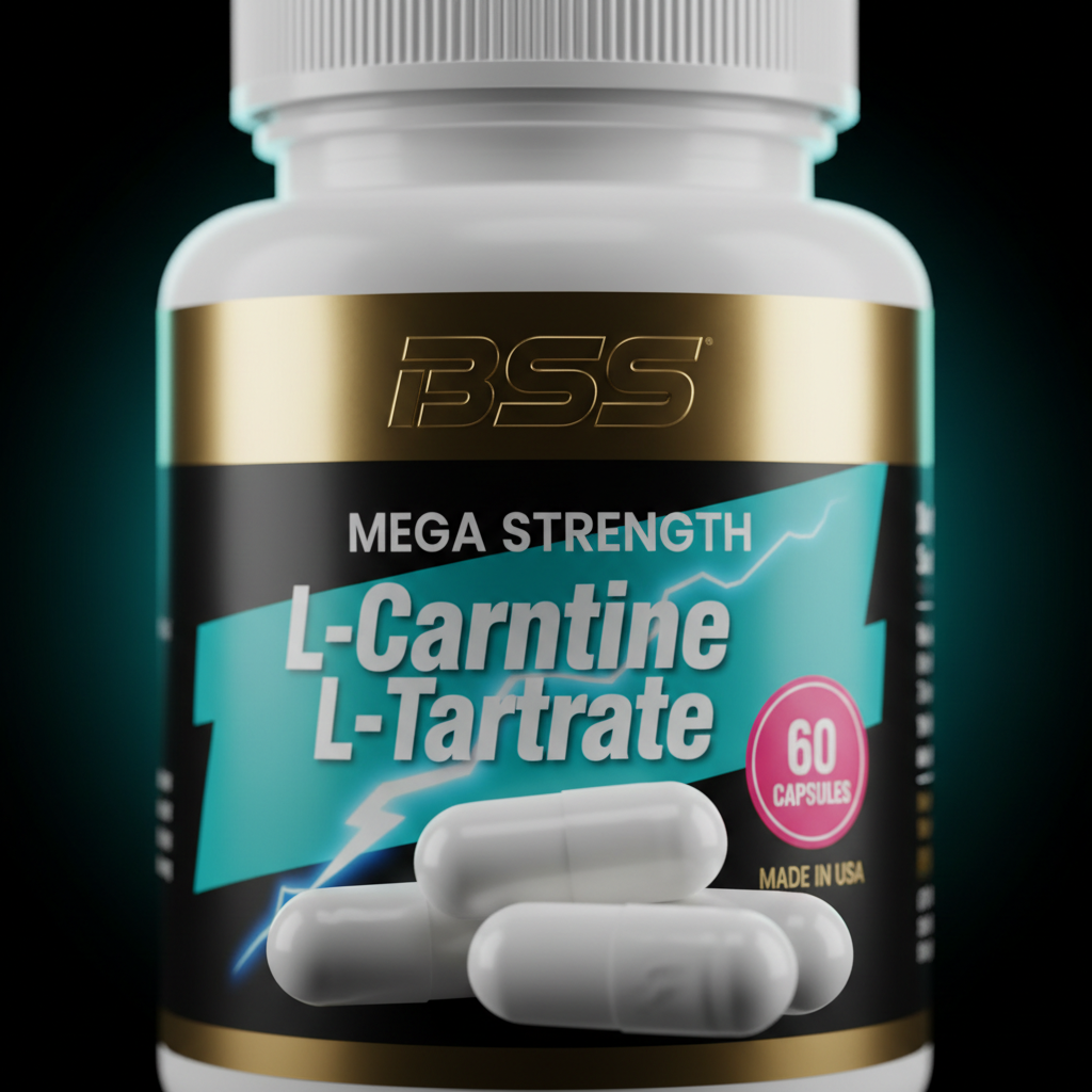 BSS L-Carnitine L-Tartrate close-up gold stripe teal banner and capsules