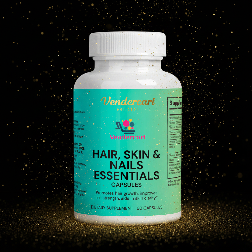 Hair Skin Nails bottle on dark background with gold glitter