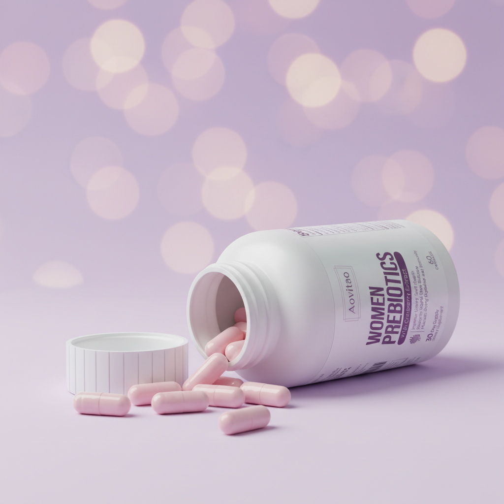 Aovitao Prebiotics capsules close up with purple bokeh