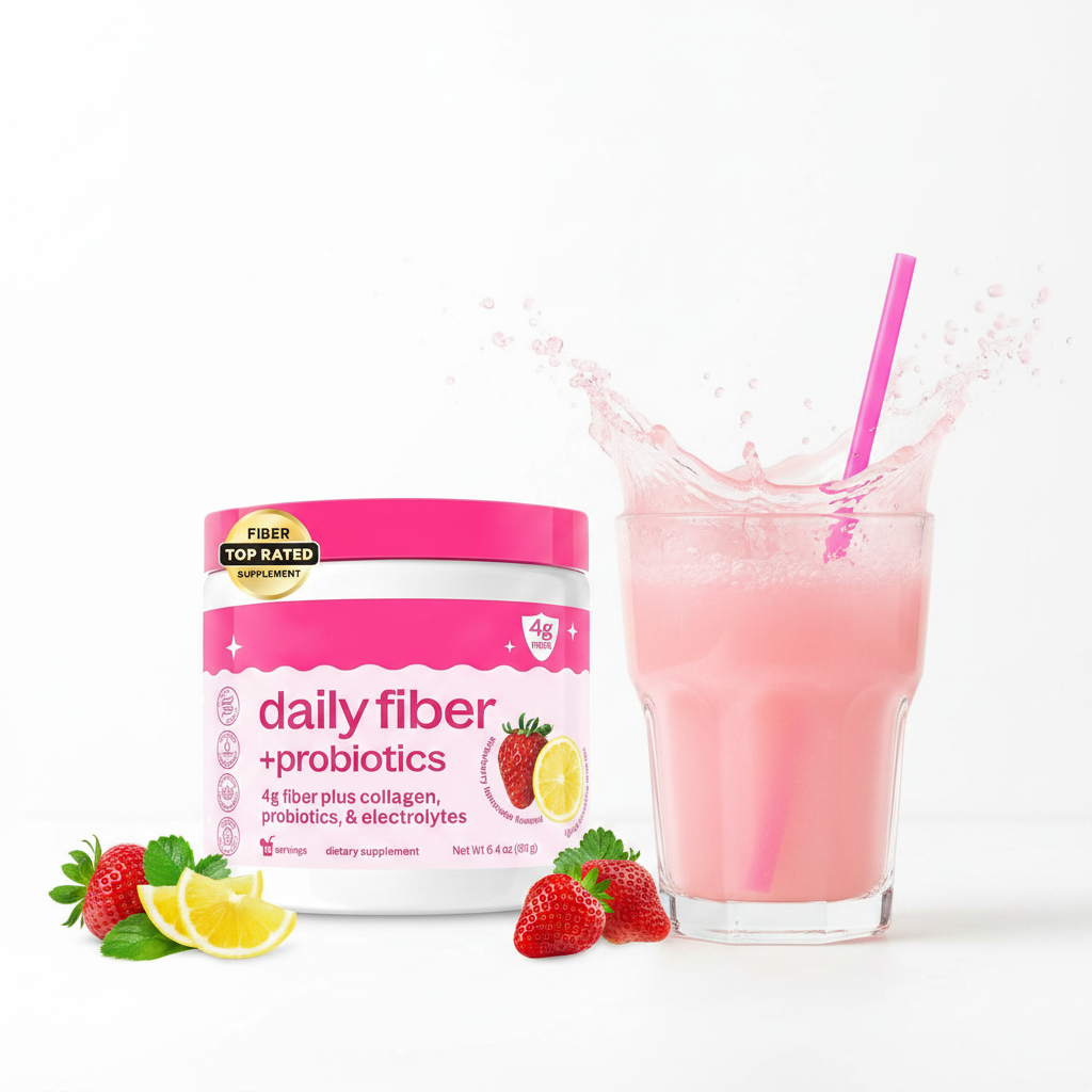 Daily Fiber Probiotics pink tub with strawberries and lemonade