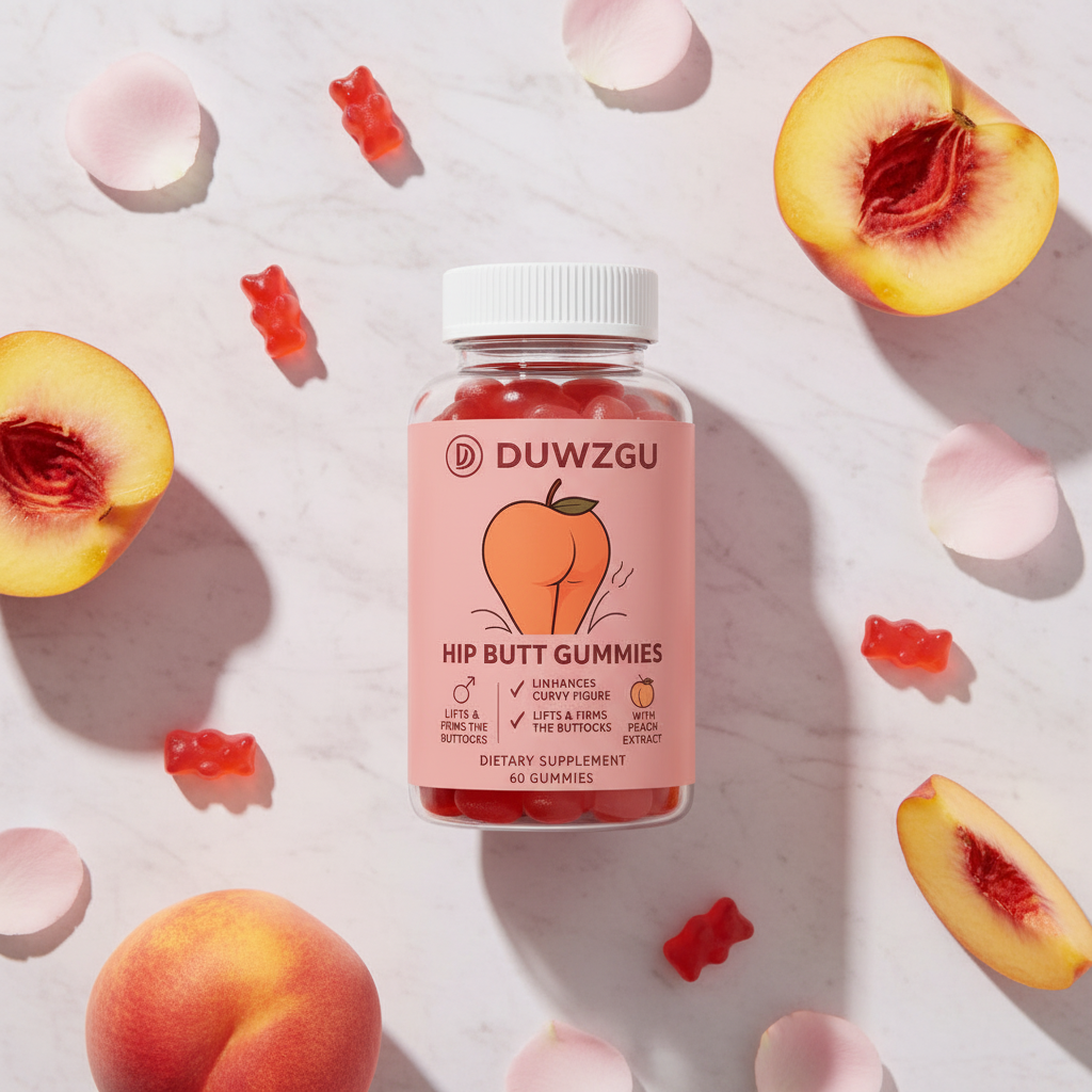 DUWZGU Hip Butt Gummies flat lay pink marble