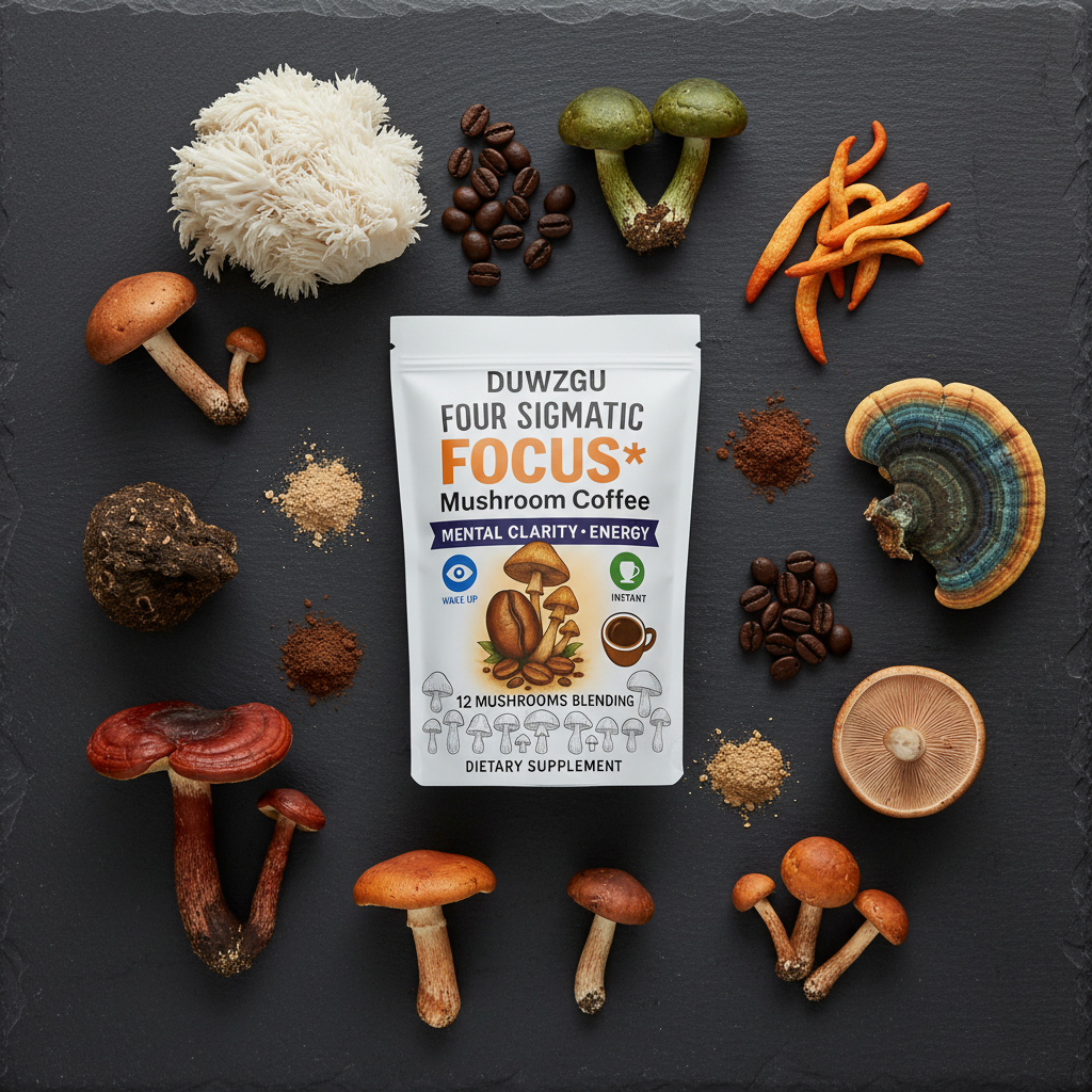 Mushroom Coffee flat lay with 12 mushroom types