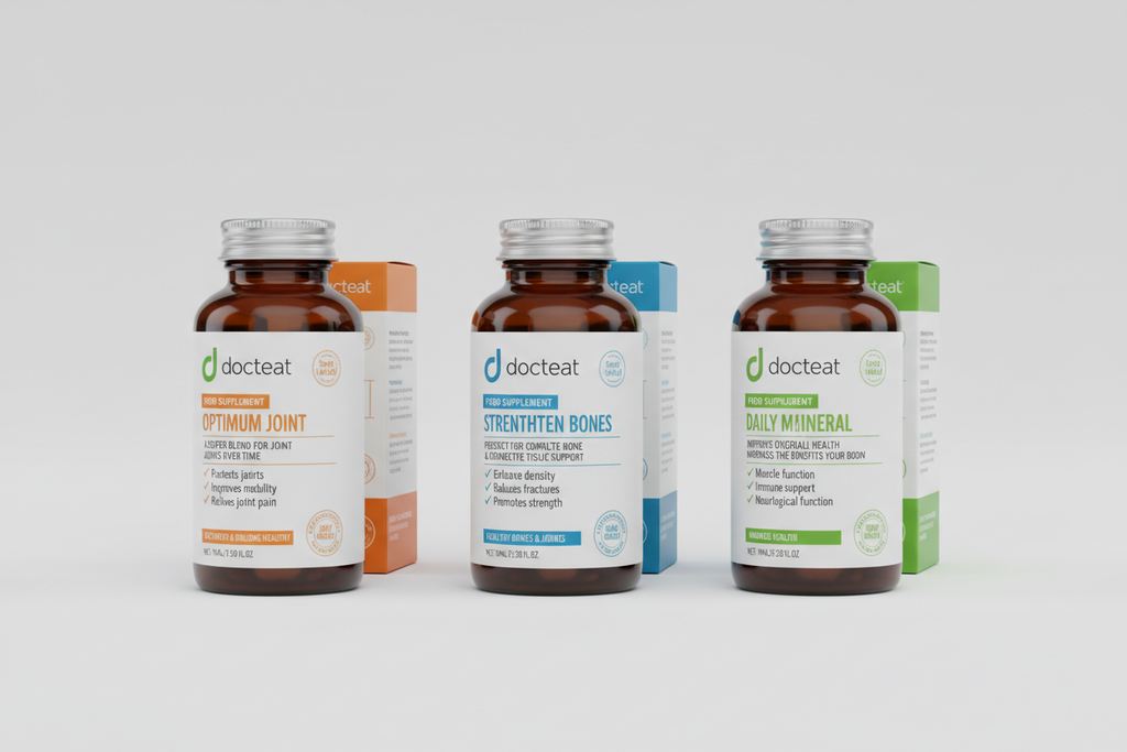 Docteat Complete Wellness Bundle three amber bottles with boxes studio hero