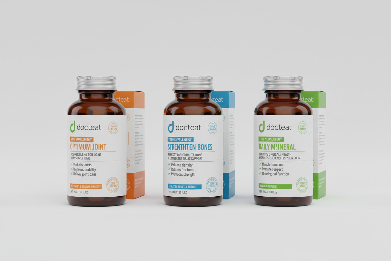 Docteat Complete Wellness Bundle three amber bottles with boxes studio hero