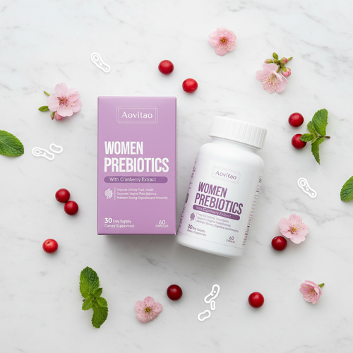 Aovitao Women Prebiotics flat lay on marble with cranberries