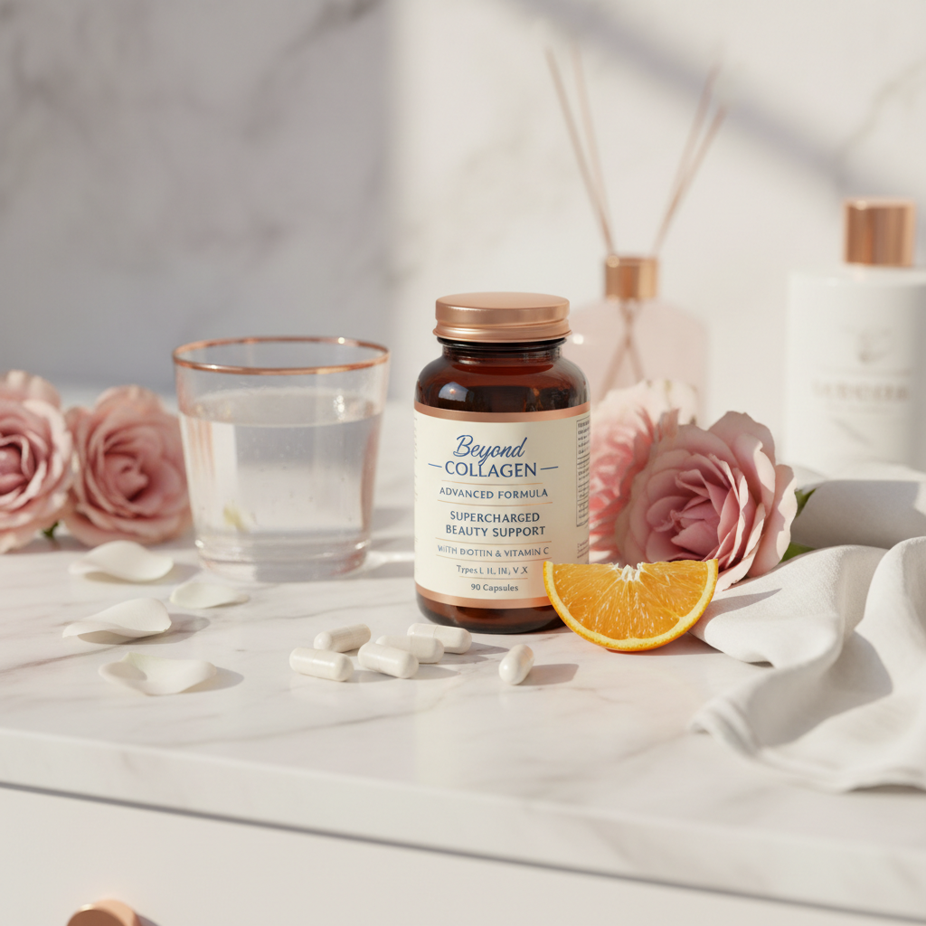 Beyond Collagen lifestyle beauty morning wellness routine marble vanity
