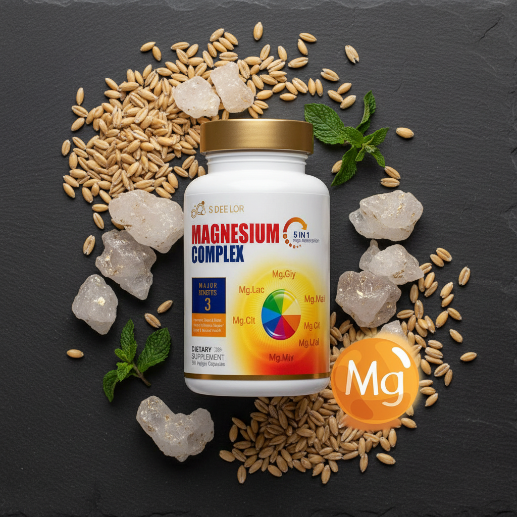 Magnesium Complex flat lay dark slate minerals