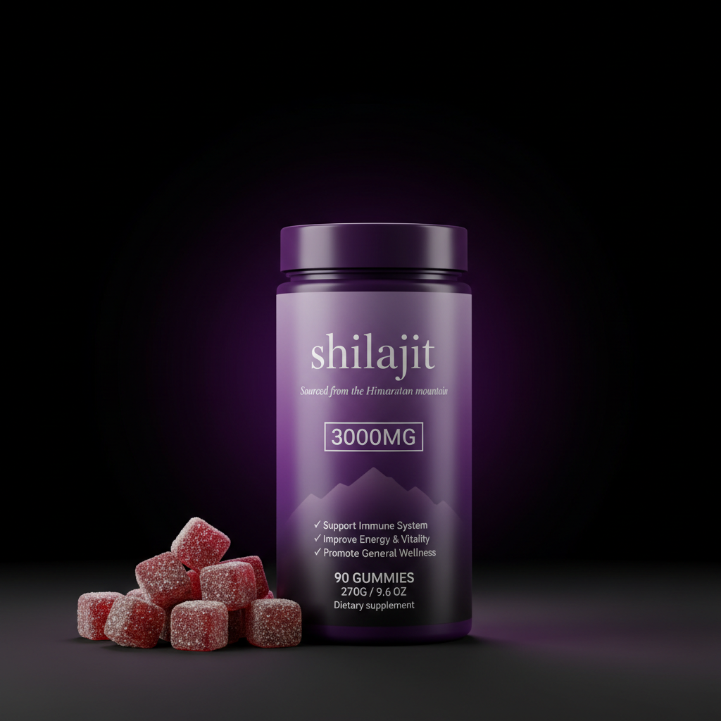 Shilajit Gummies 3000MG premium studio hero shot purple tub