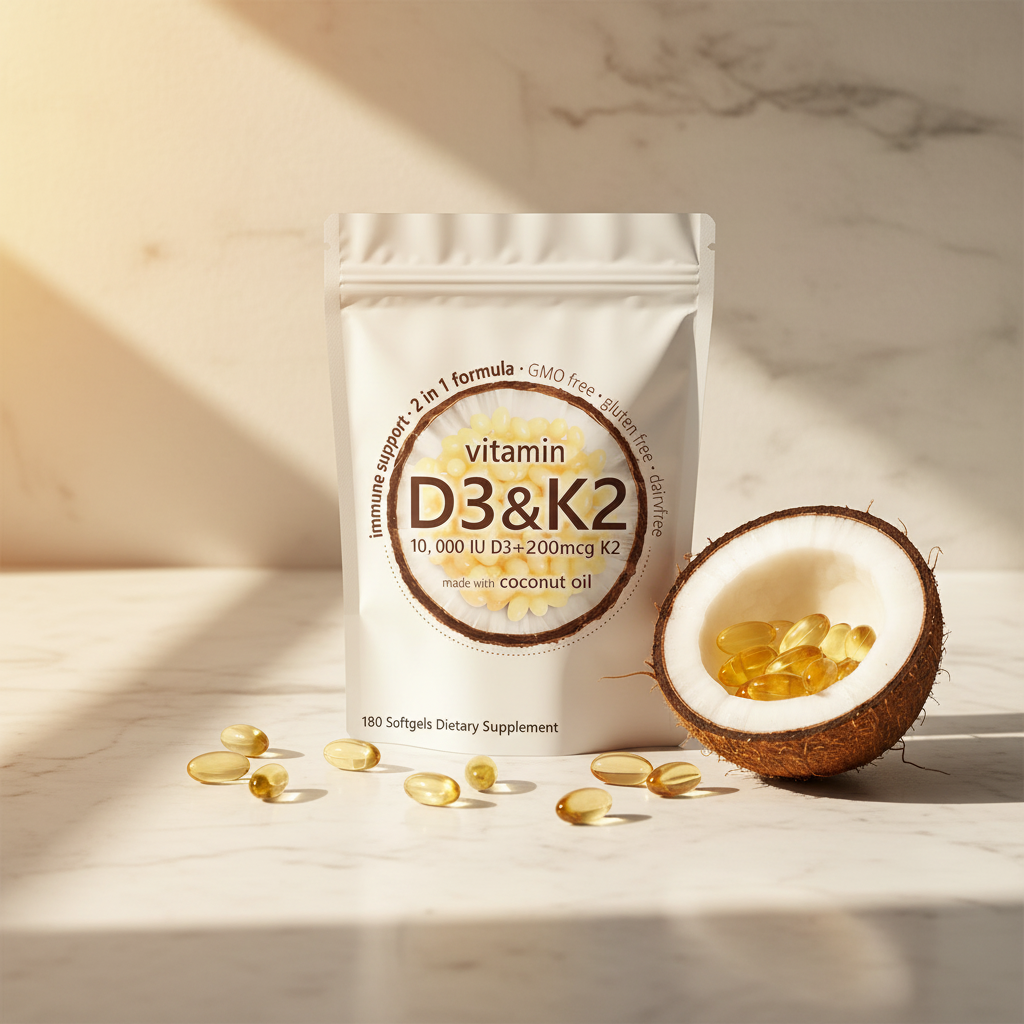 Vitamin D3 K2 Softgels — 10,000 IU D3 + 200mcg K2 with Coconut Oil | 180 Softgels