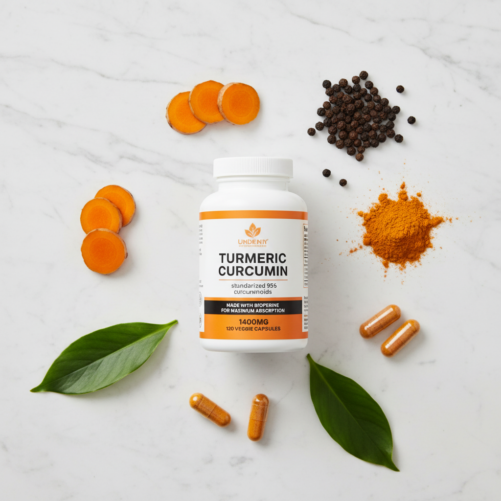 Turmeric Curcumin flat lay on marble