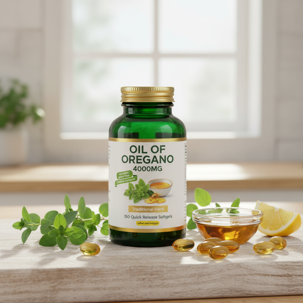Oil of Oregano lifestyle botanical wellness kitchen with oregano sprigs