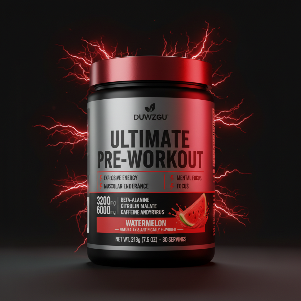 DUWZGU Ultimate Pre-Workout premium studio hero shot with red lightning