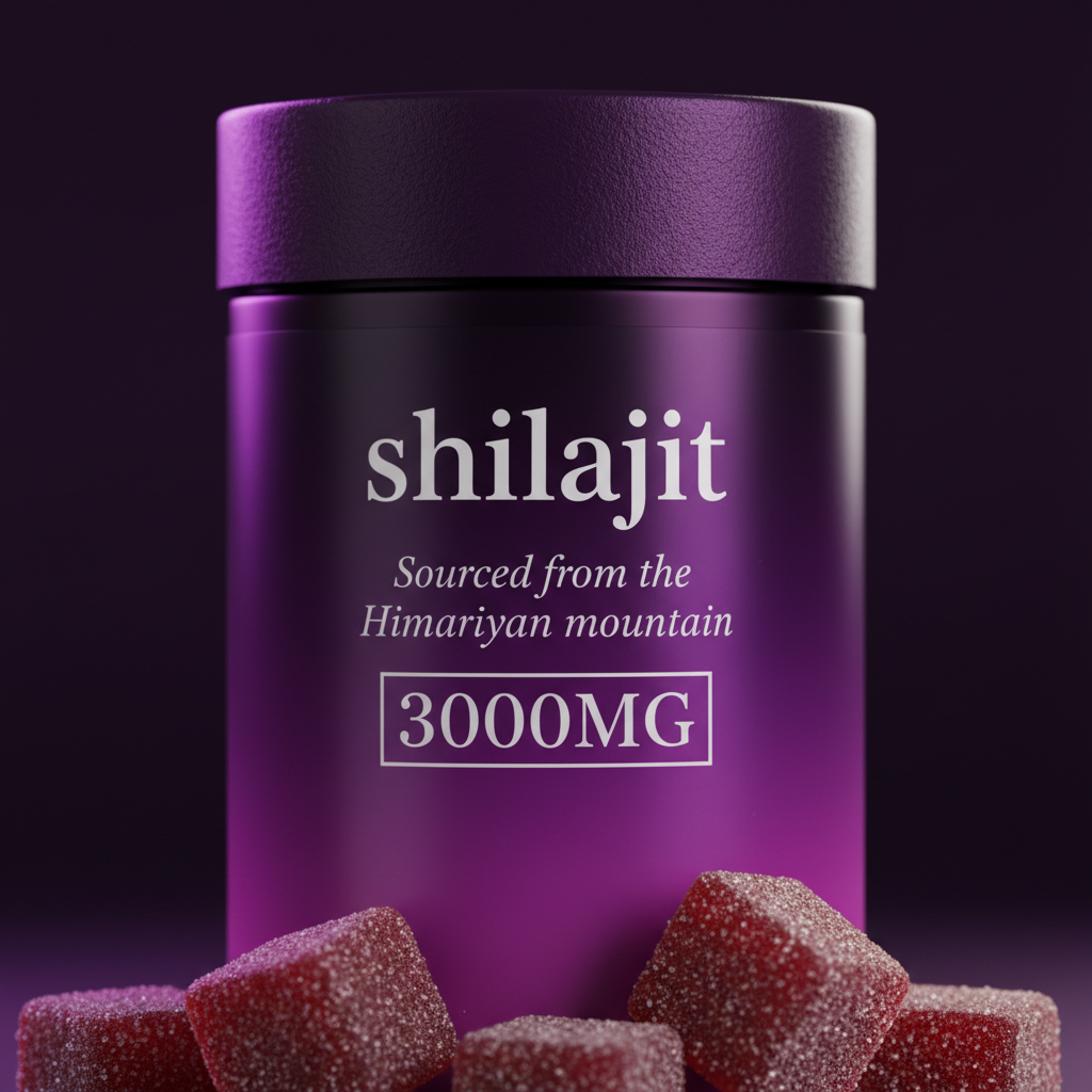 Shilajit Gummies 3000MG close-up purple label and dark red gummies