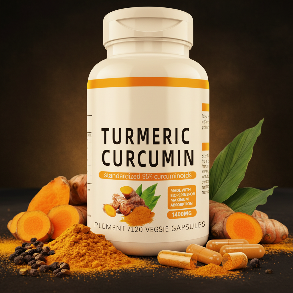 Turmeric Curcumin bottle with roots and powder on dark background