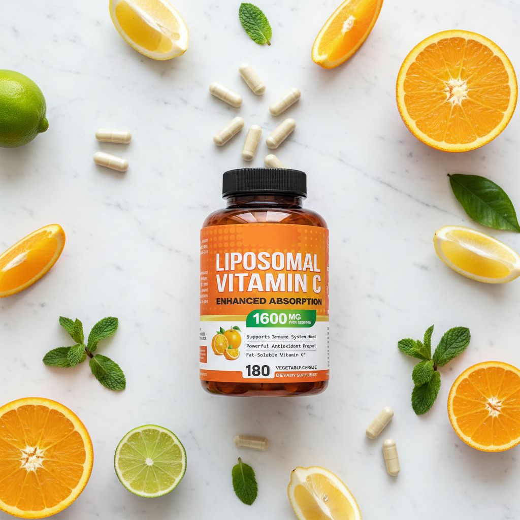 Liposomal Vitamin C flat lay with orange slices