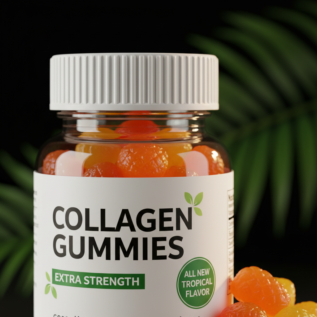 Extra Strength Collagen Gummies close-up orange tropical gummies detail
