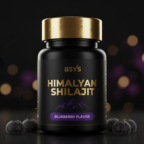 BSYS Himalayan Shilajit Gummies close-up gold cap packaging detail
