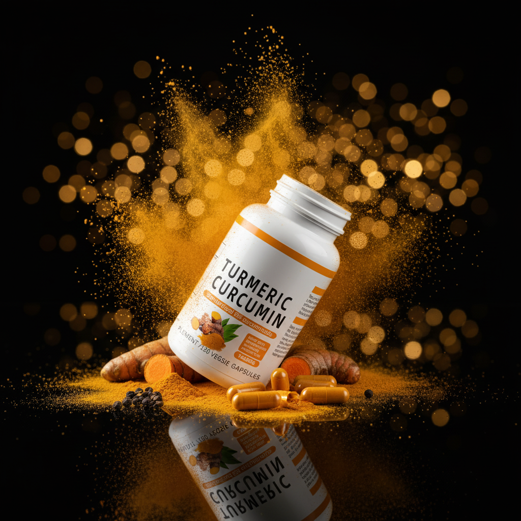 Turmeric capsules spilling with golden powder