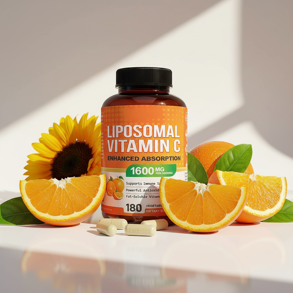 Liposomal Vitamin C bottle with oranges and sunlight