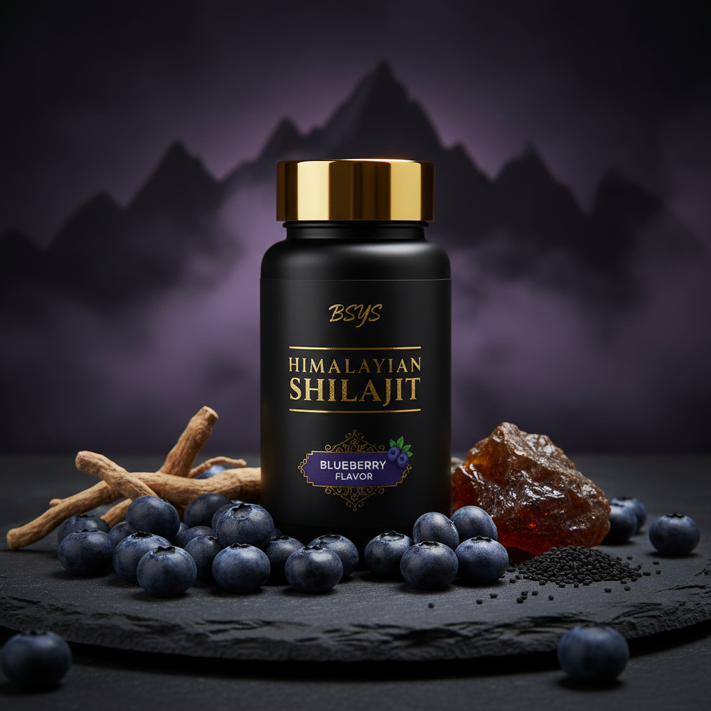 BSYS Himalayan Shilajit with blueberries, ashwagandha and black seed ingredients