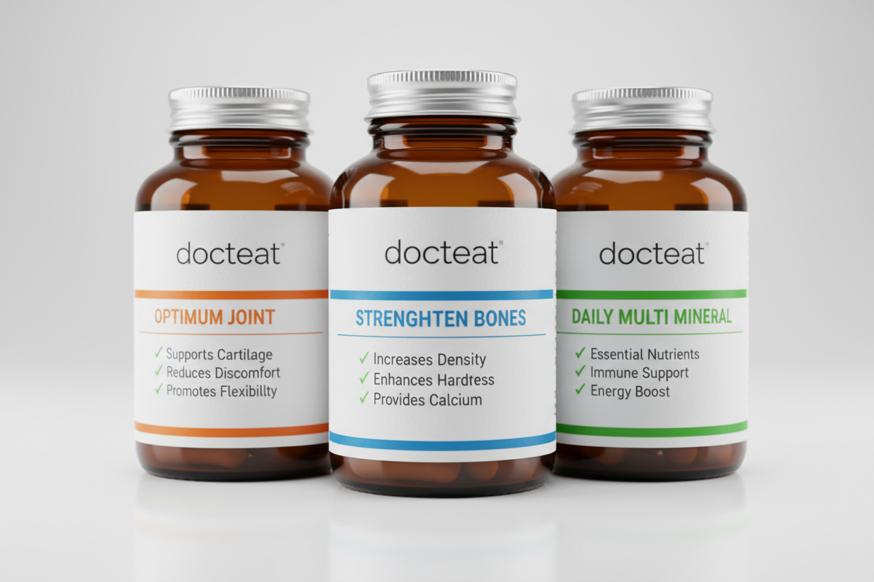 Docteat Bundle close-up three bottles labels orange blue green detail
