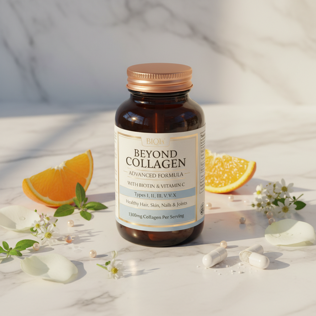 Beyond Collagen with vitamin C orange biotin herbs and white capsules